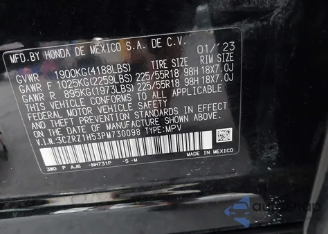 2023 Honda Hr-V 2Wd Sport z USA, uszkodzony, nr VIN 3CZRZ1H53PM730098